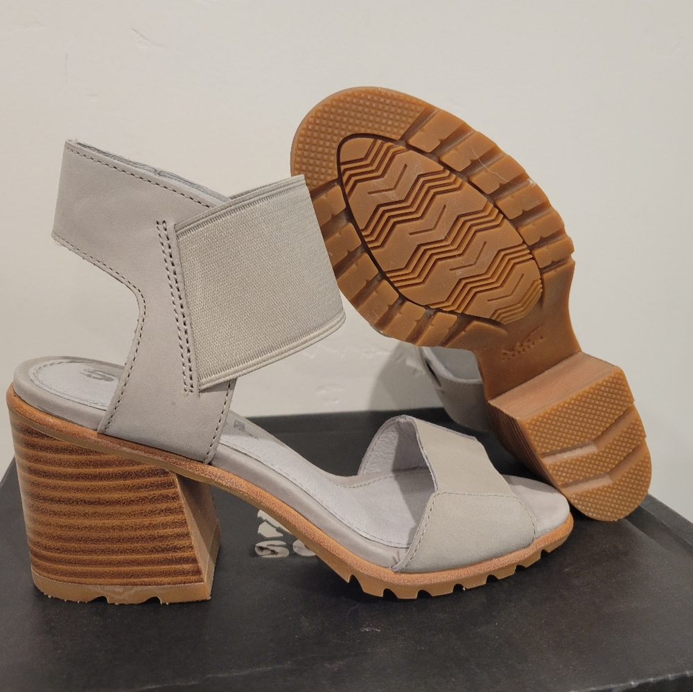 Sorel-Nadia Dove Gray Leather Sandals NL3238-081 Women size 5 US Open Toe Heel